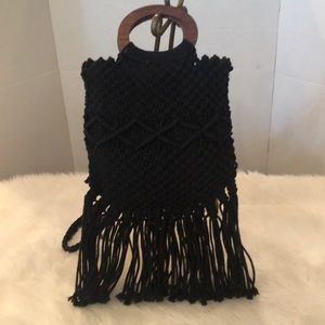 Macrame Crossbody Handbag with Wood Handles and Fringe